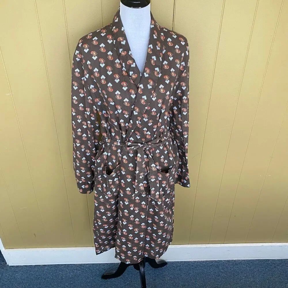 Perma press Leisure Robe w/tie belt vintage women M cotton blend brown print